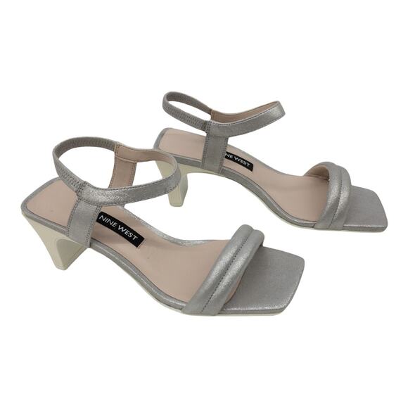 Nine West Dark Silver Metallic Urgreat Square Toe Leather Ankle Strap Sandals 5 - Picture 3 of 14